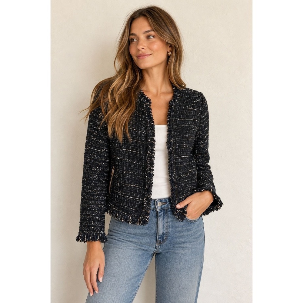 NIC+ZOE | Tweed Jacket Women S Navy Blue Fringe Trim Open Front Professional